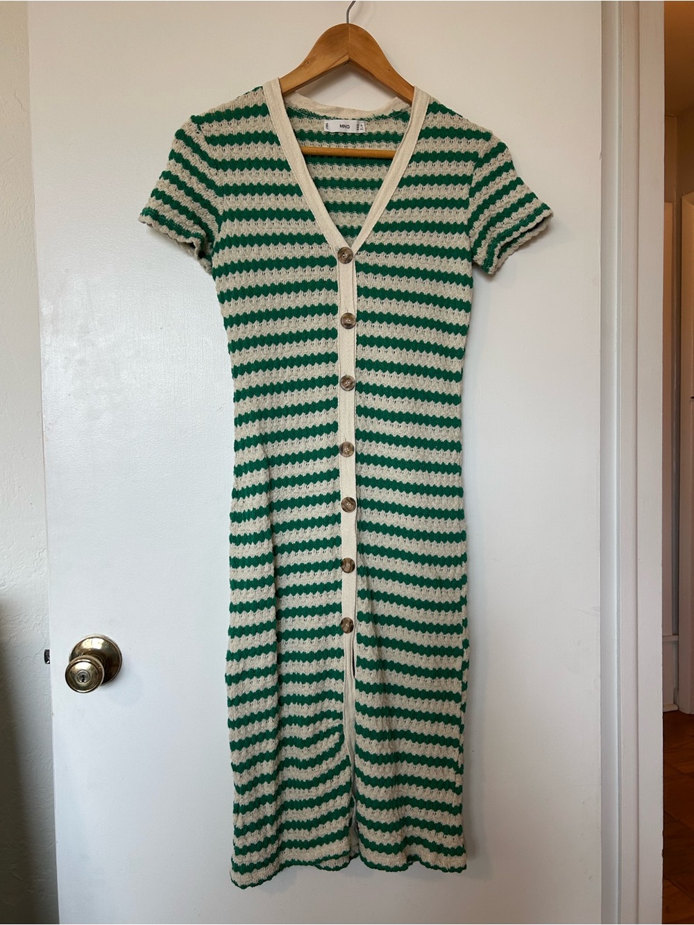 Mango Green & Cream Striped Button-Front Midi Dress